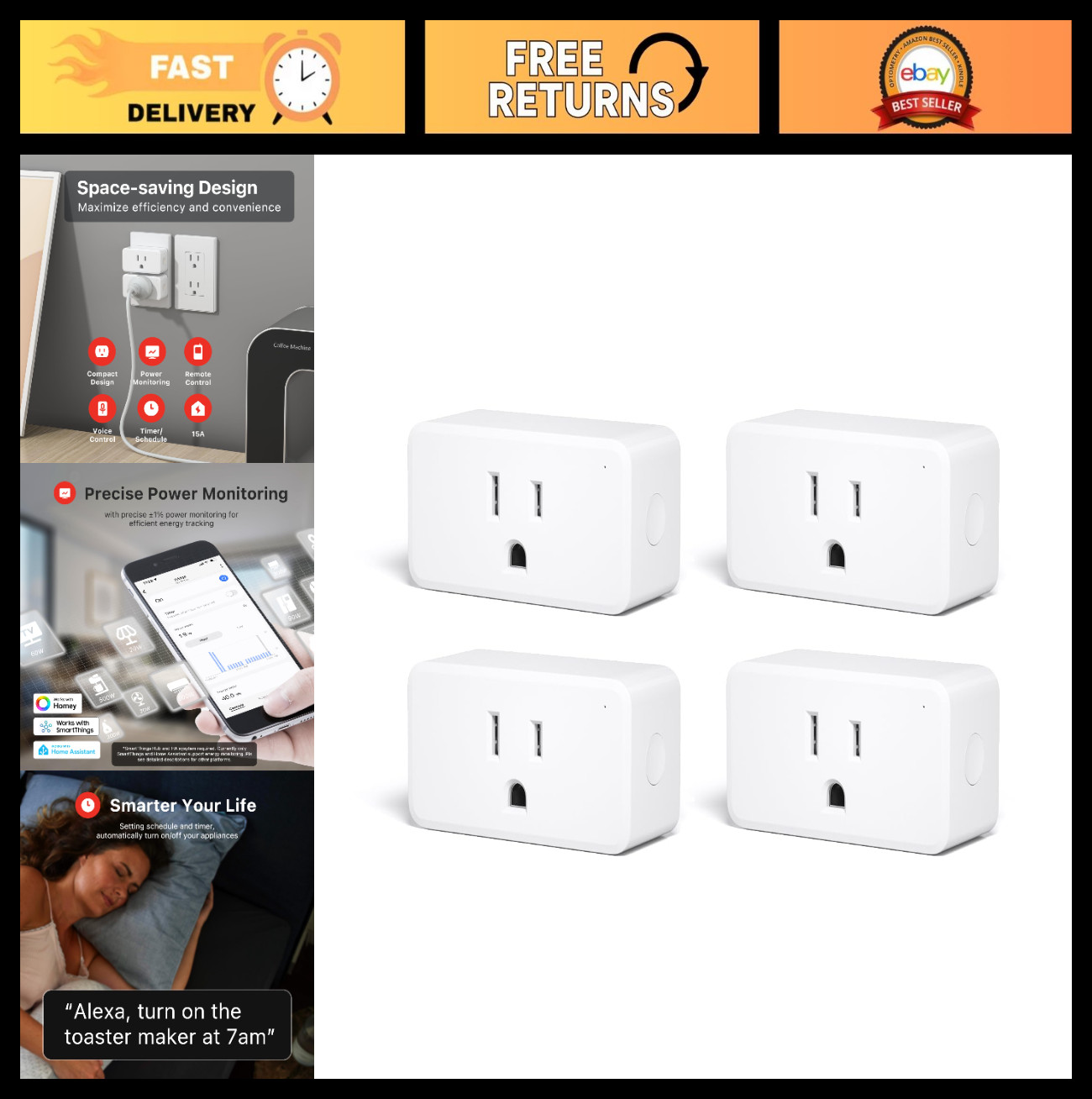 Smart Plug 4 Pack – Real-time Power Meter, 15A Outlet, Zigbee Repeater, ETL Cert