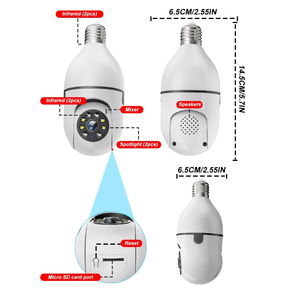 4PCS 5MP Wifi Bulb Camera 360° Color Night Vision Audio Home Security