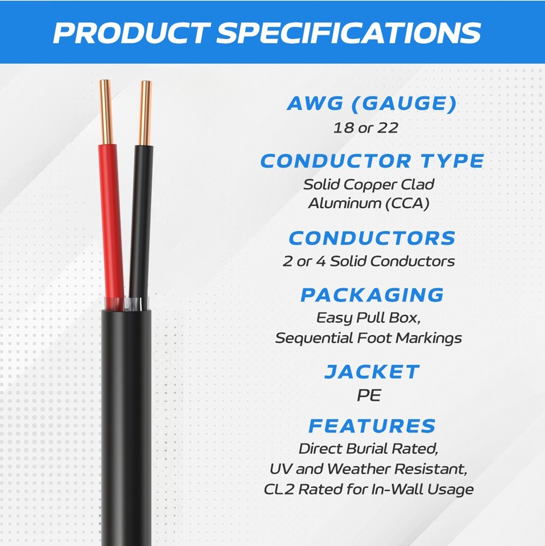 500FT Outdoor Alarm Security Cable 22AWG 22/2 SOLID CCA Direct Burial Bulk Wire
