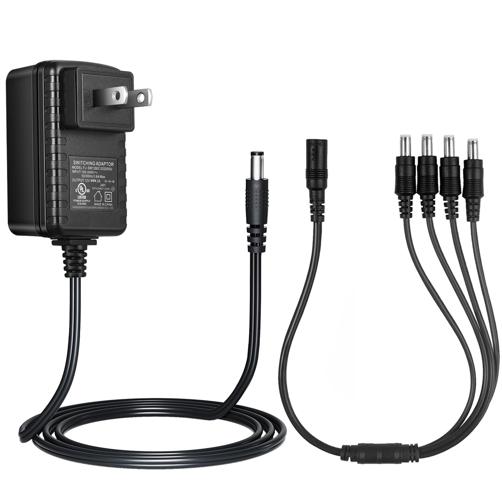 12V 2A Security Camera Power Supply, 1-Pack + Splitter, Black