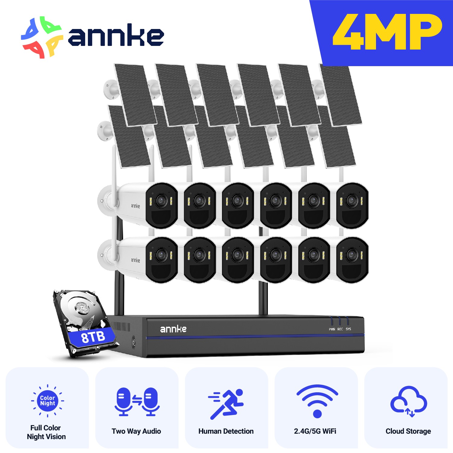 ANNKE 16CH 4MP Wireless Security Camera System Solar Battery 2 Way Audio Color
