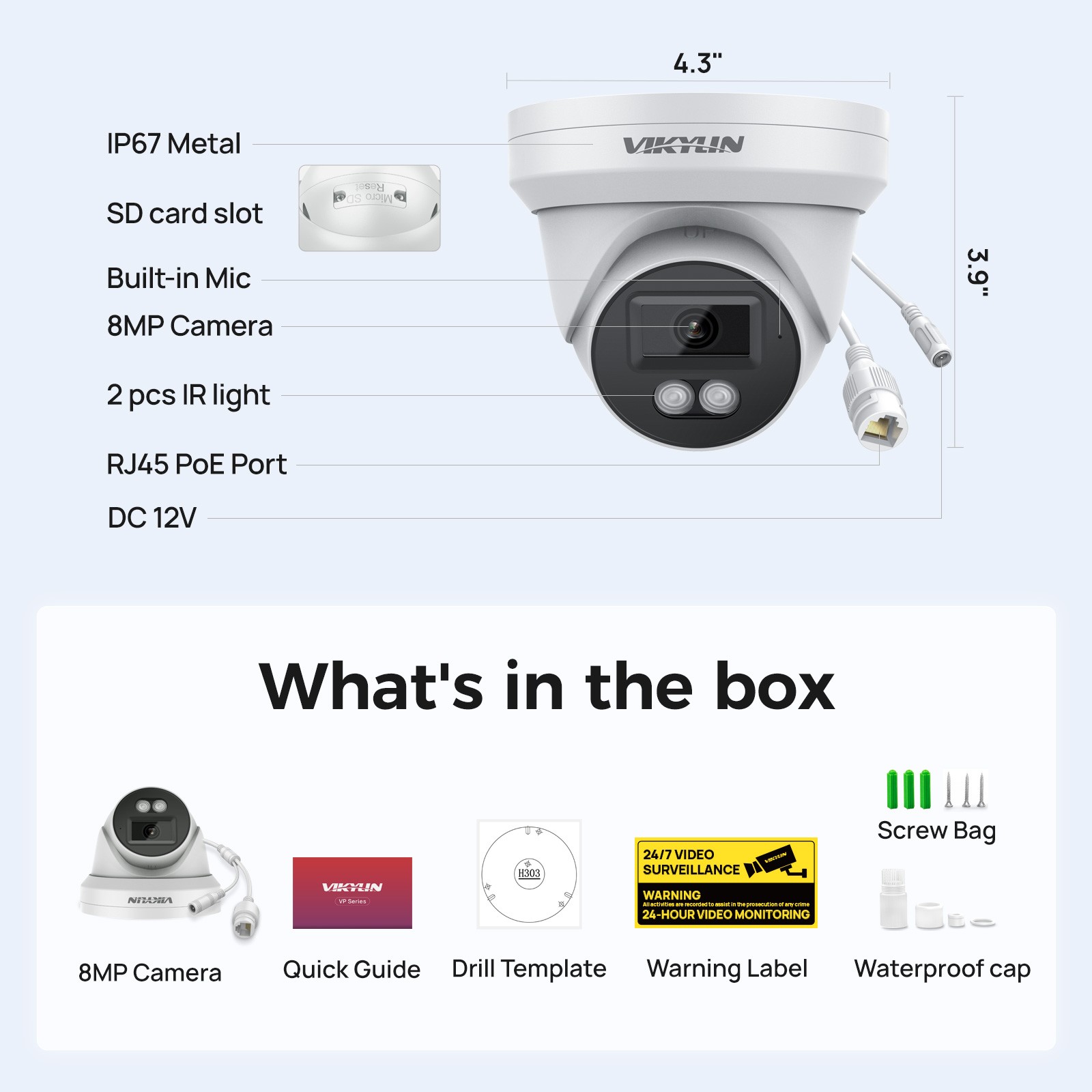VIKYLIN IR30M MIC POE 8MP 4K Mini Surveillance Camera Onvif Outdoor/Indoor CCTV