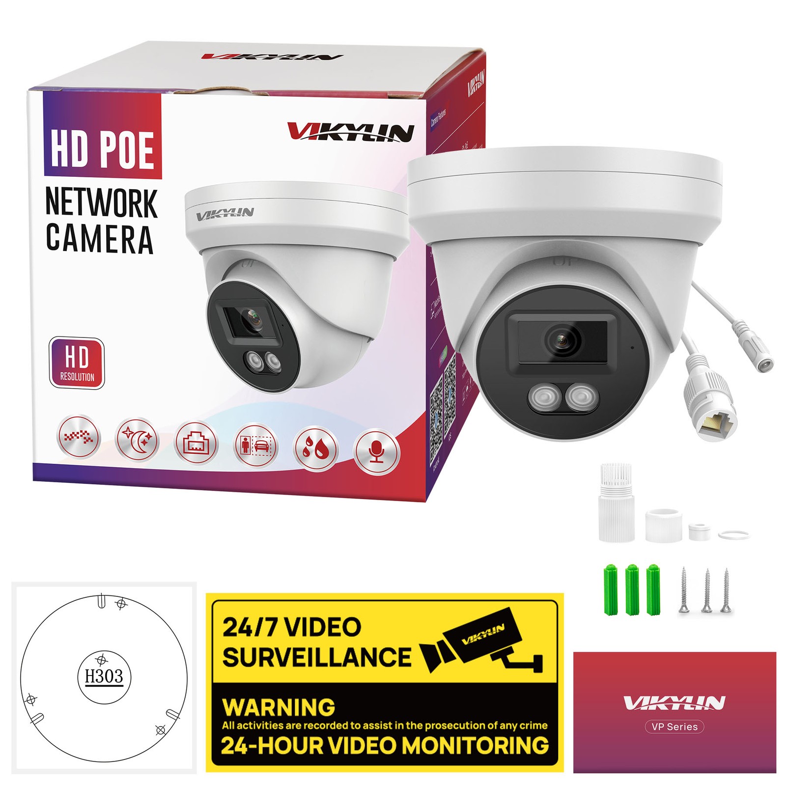 Vikylin 5MP IR30M MIC IP POE Camera Human vehicle Detection Onvif Outdoor/Indoor