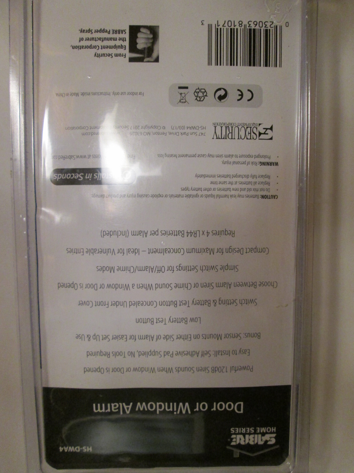 Sabre Door or Window Alarm, 4-Pk., 120dB, Model# HS-DWA-4