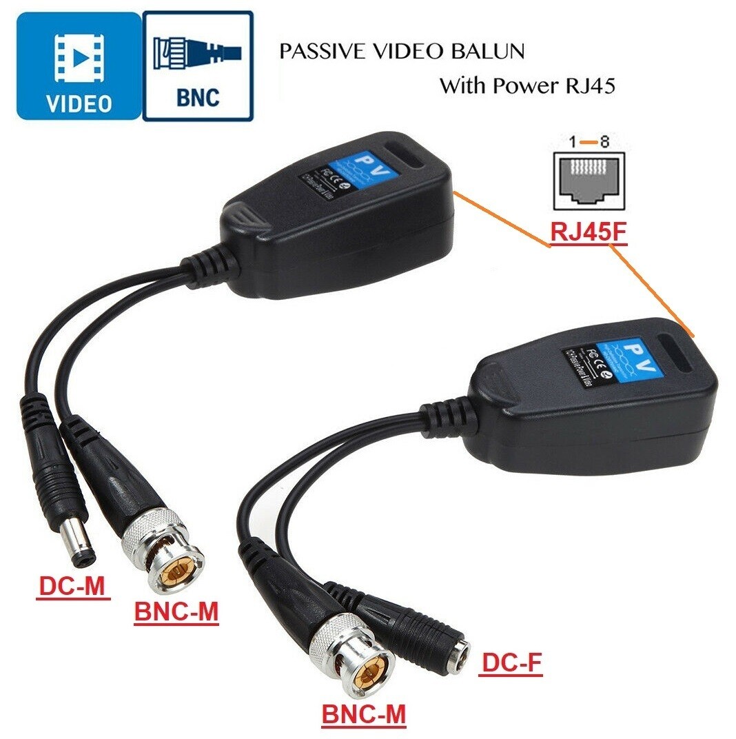 1pair 2pcs CCTV Coax BNC Video Power Balun Transceiver to CAT5e 6 RJ45 Connector