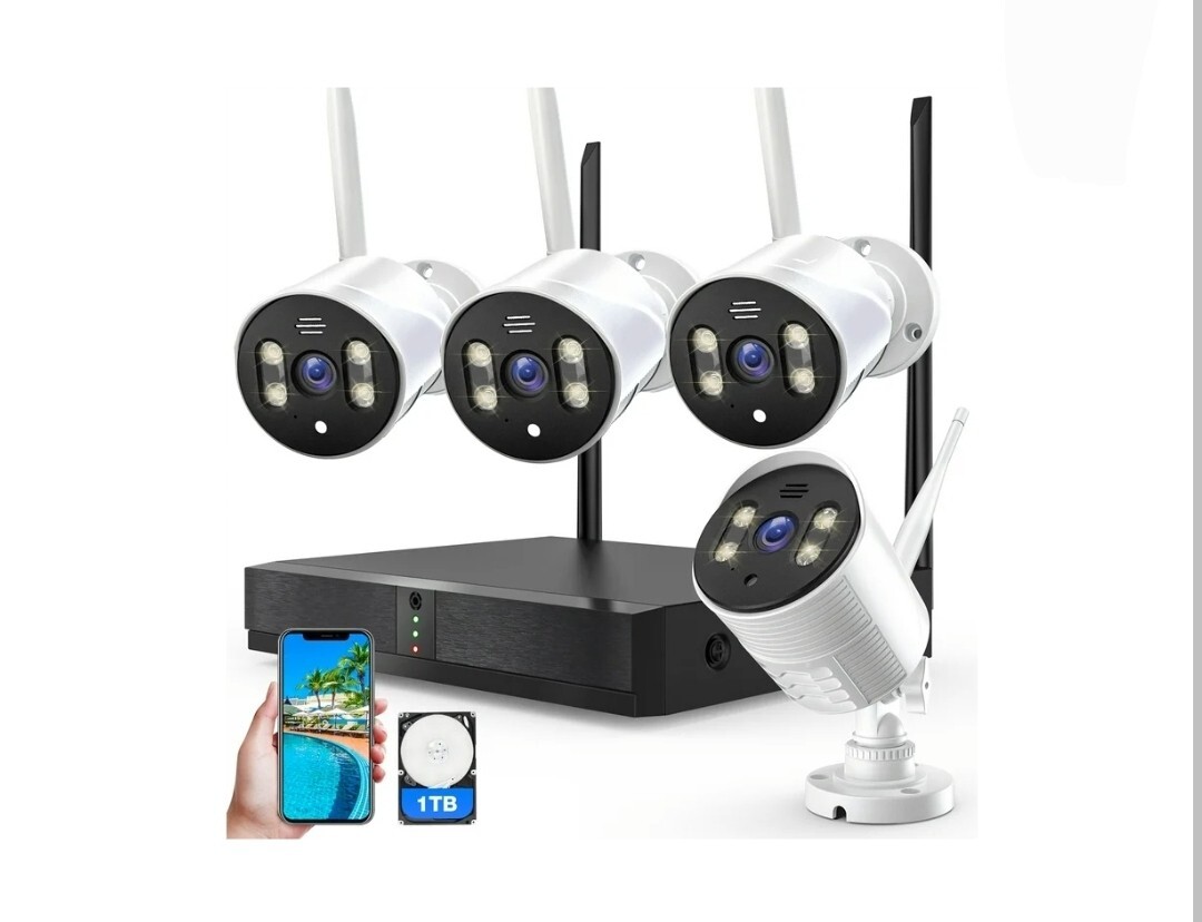 AUOSHI 4pcs Wired Security Camera NVR System with 1TB Hard Drive, New.
