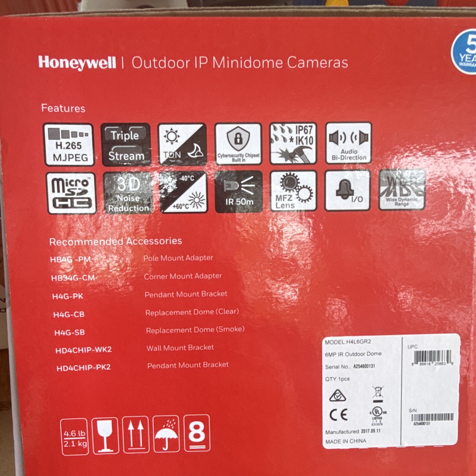 Honeywell H4L6GR2 6MP IR Night Vision Outdoor IP67 Dome IP Camera WDR microSD