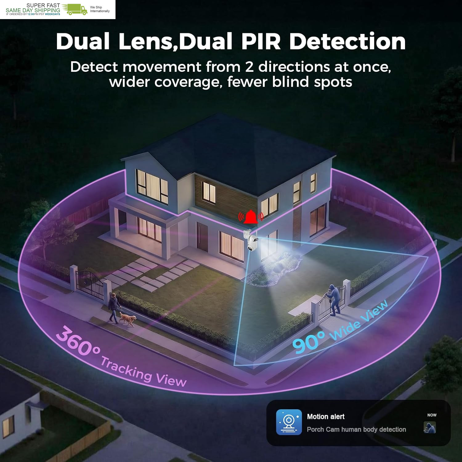 Dual Lens Solar Security Camera Wireless Outdoor – 2.5K HD No Blind Spot with PI