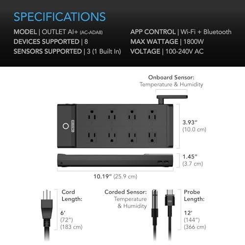 AC Infinity Smart WiFi Power Strip, Dual-Zone Temp Humidity Controller, 8 Plugs