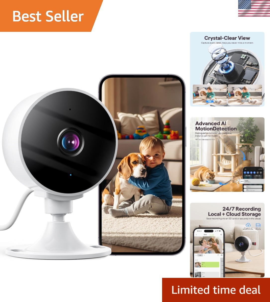 24/7 Cloud & Local Recording Security Camera – 2K, Night Vision, Two-Way Audio