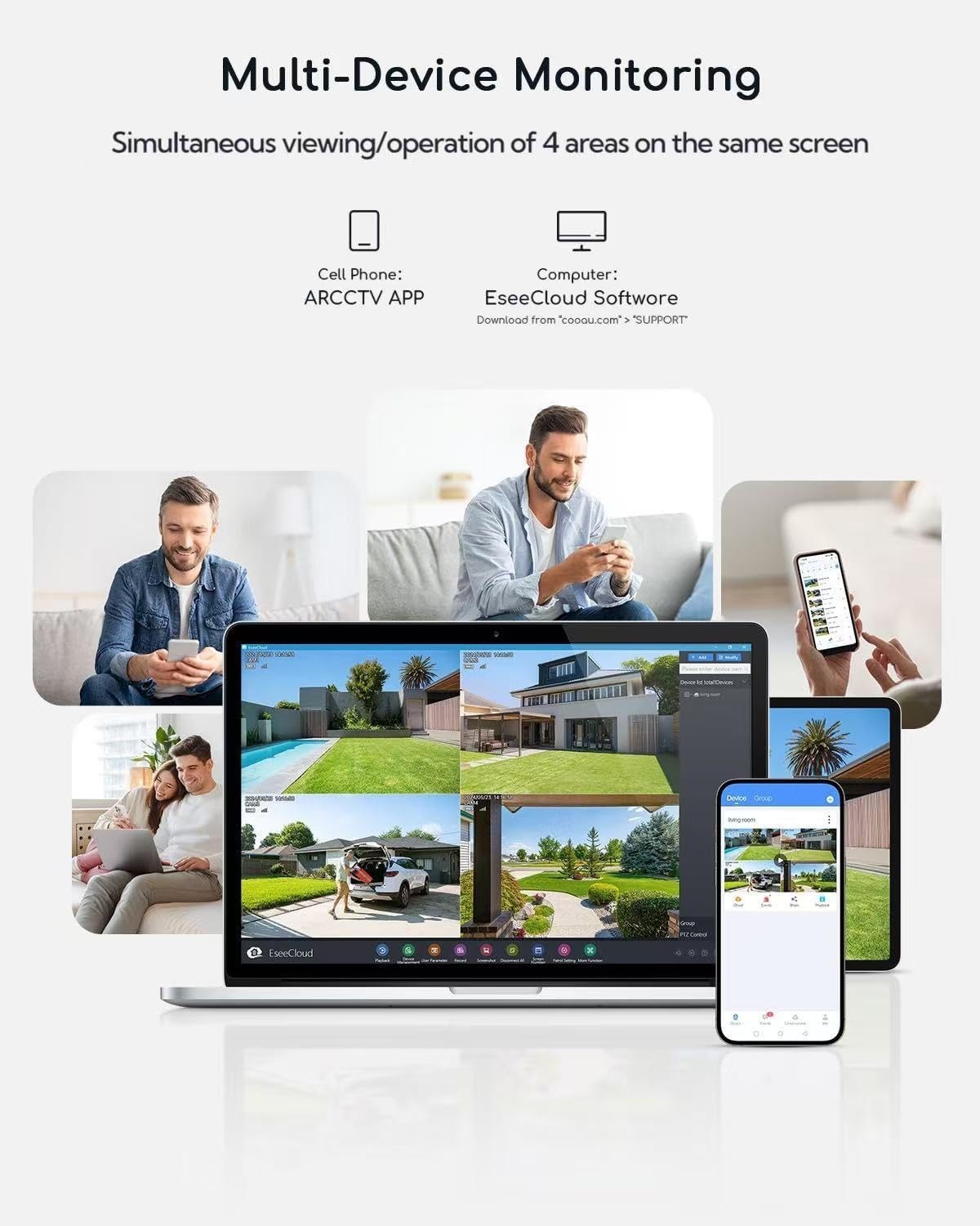 COOAU 4MP Cameras for Home Security, 360° Solar Security Camera 4 Cam-Kit,IP66