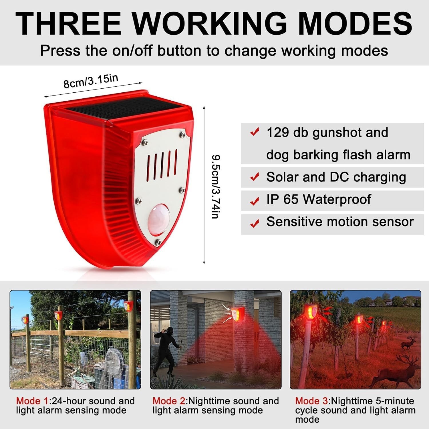 Solar Outdoor Motion Sensor Alarm-129db Dog Barking & Gunshot Sound USB Charge