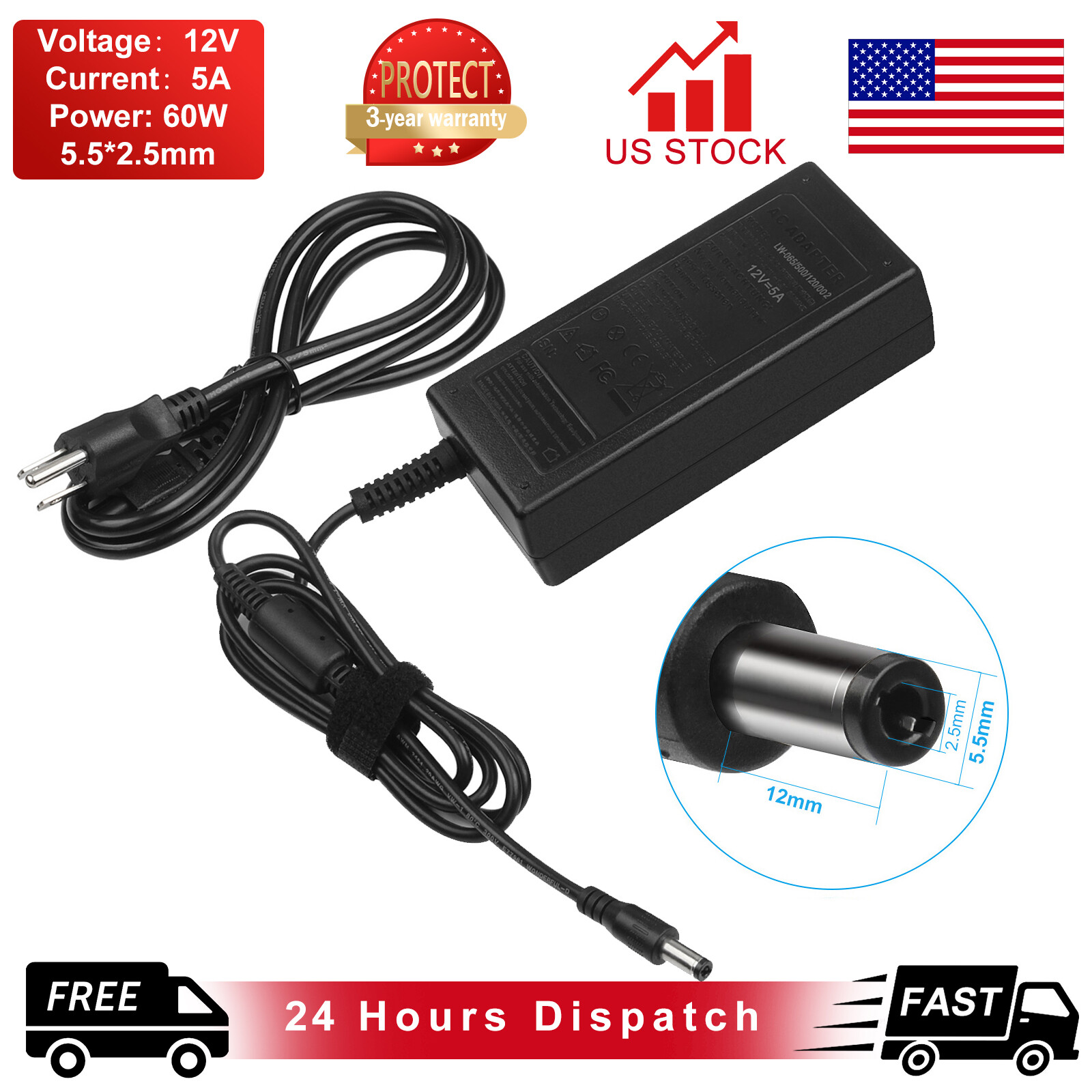 DC 12V 5A Charger Adapter LCD Monitor CCTV Security CH-1205 ADP-15HB EA1050A-120