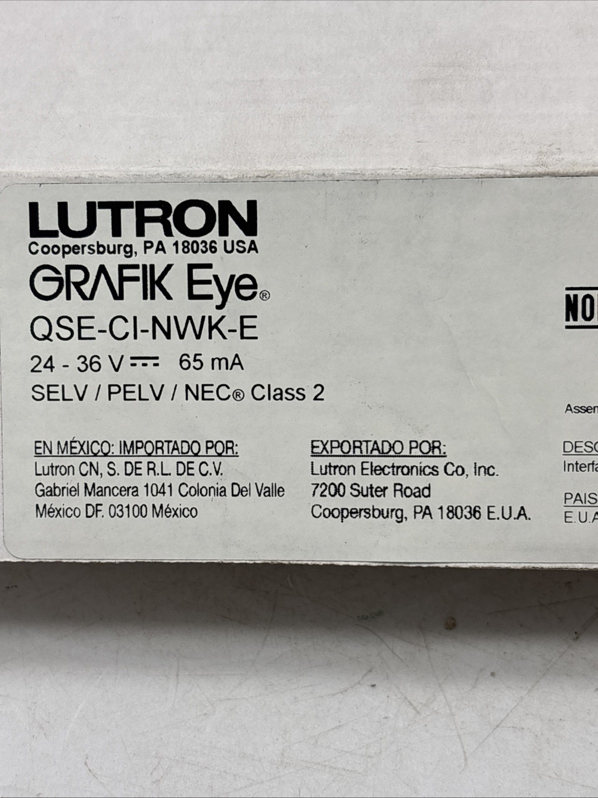 LUTRON QSE-CI-NWK-E, Control Interface 12-24V PELV CLASS 2 – NEW