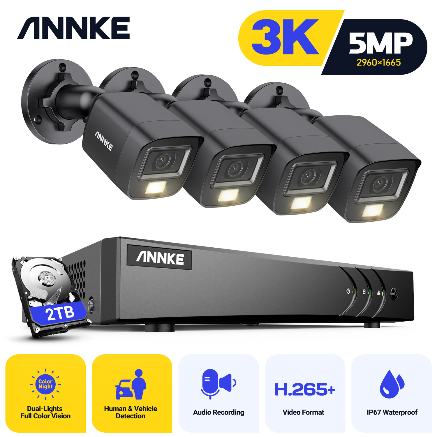 ANNKE 8CH H.265+ 5MP Lite DVR 5MP Security Camera System Outdoor Color Night 2TB