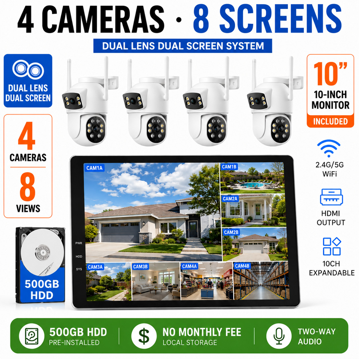 CAMCAMP Wireless Security Camera System with 10.1″ Monitor 4pcs 2K Dual Lens HDD