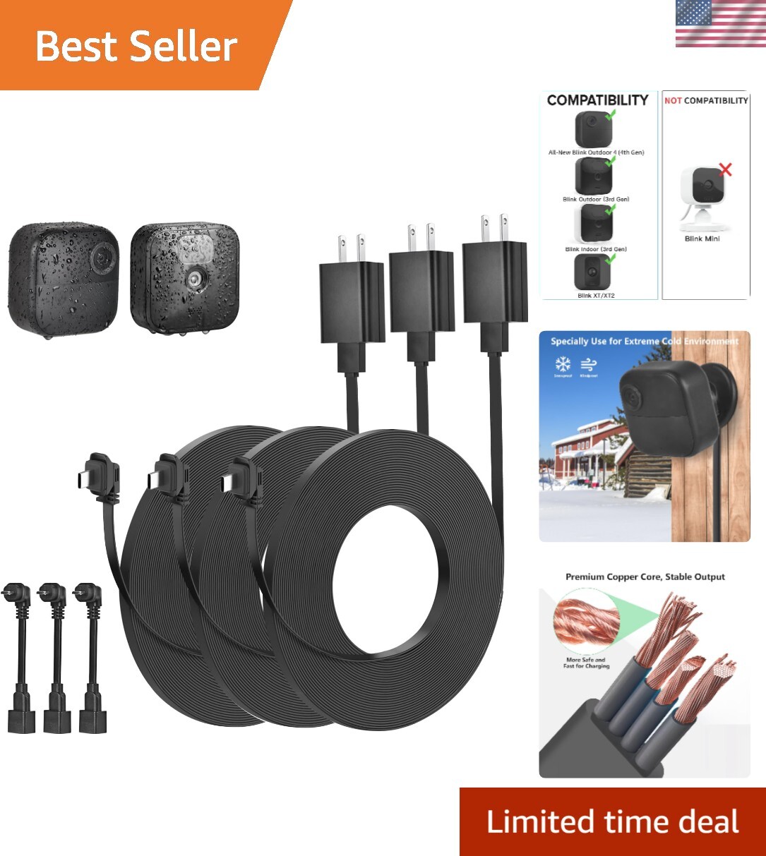 UL Certified 30ft Weatherproof Charging Cable for Blink Outdoor Security Cameras