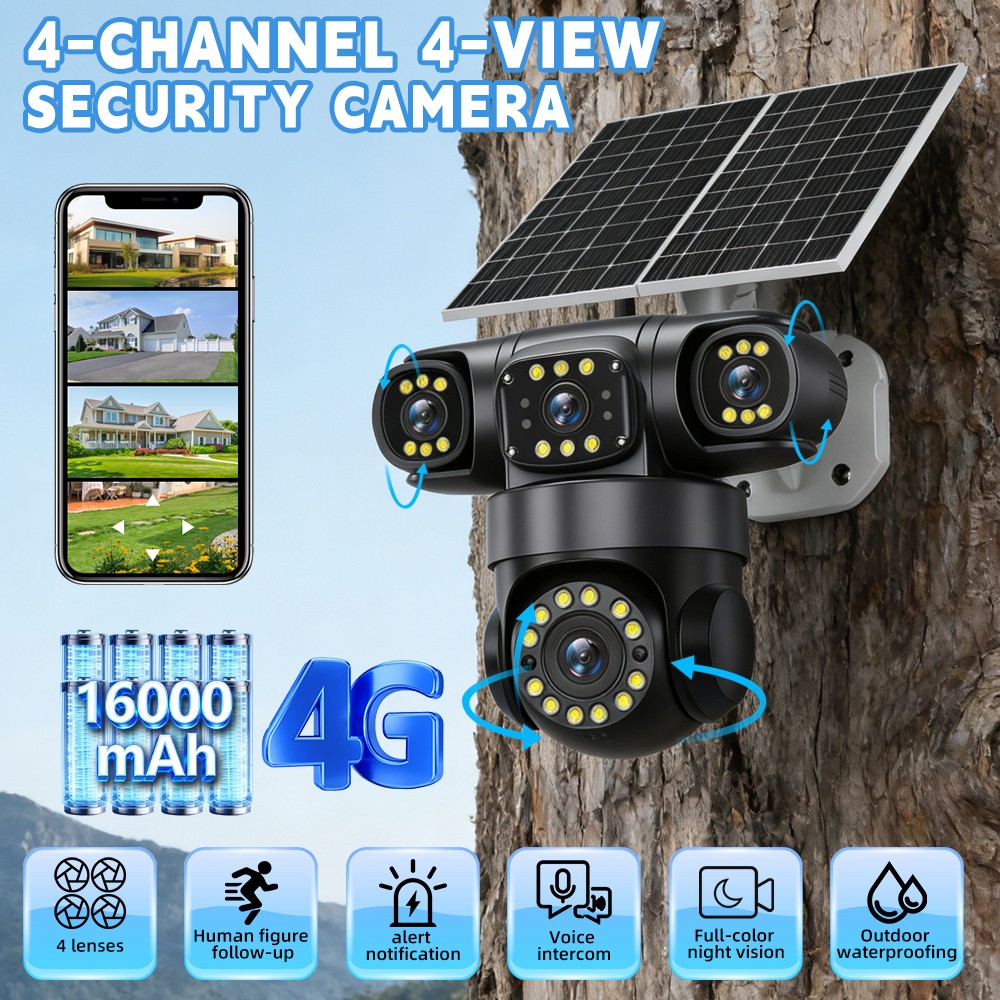 4x 16MP 4G SIM Solar Security IP Camera Outdoor 4 Lens PTZ CCTV Motion Detection