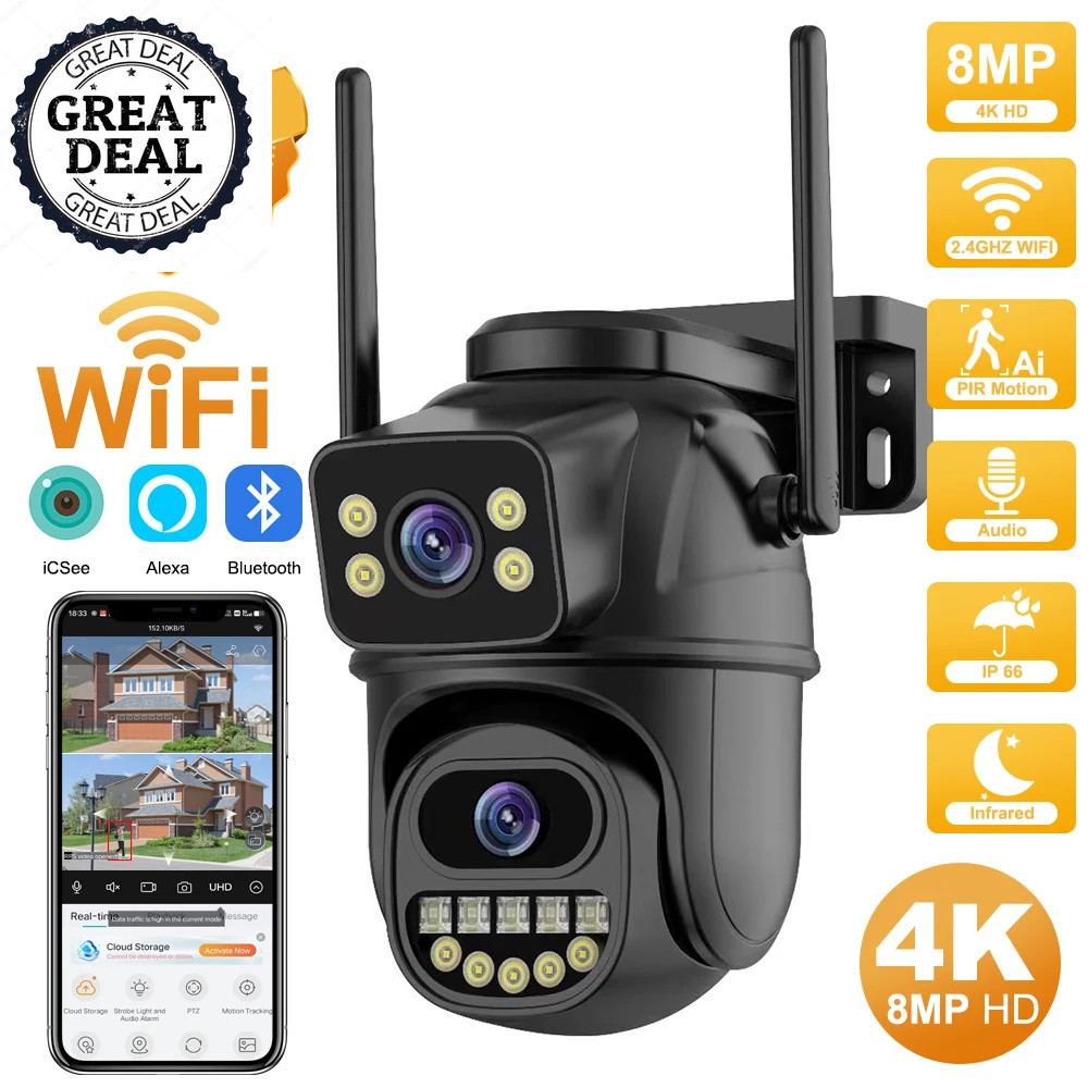 Wifi PTZ Camera Dual Lens Screen AI Auto Tracking IP Camera CCTV P2P Icsee NEWW