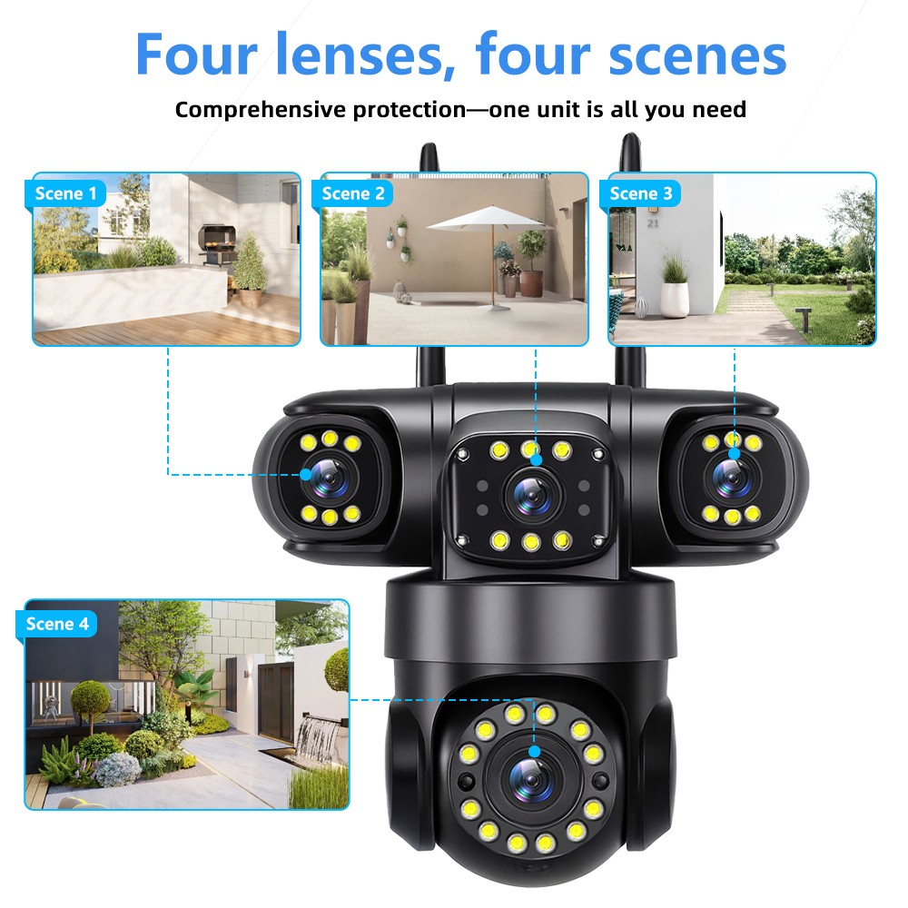 16MP 4G SIM Solar Security IP Camera Outdoor 4 Lens CCTV Motion Detection PTZ US