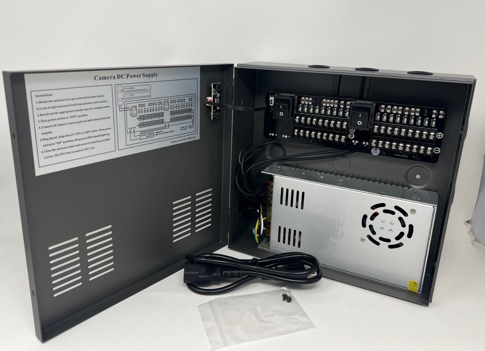 18-Port 10 Amp CCTV Power Distribution Box UL Listed, Input 110-220V