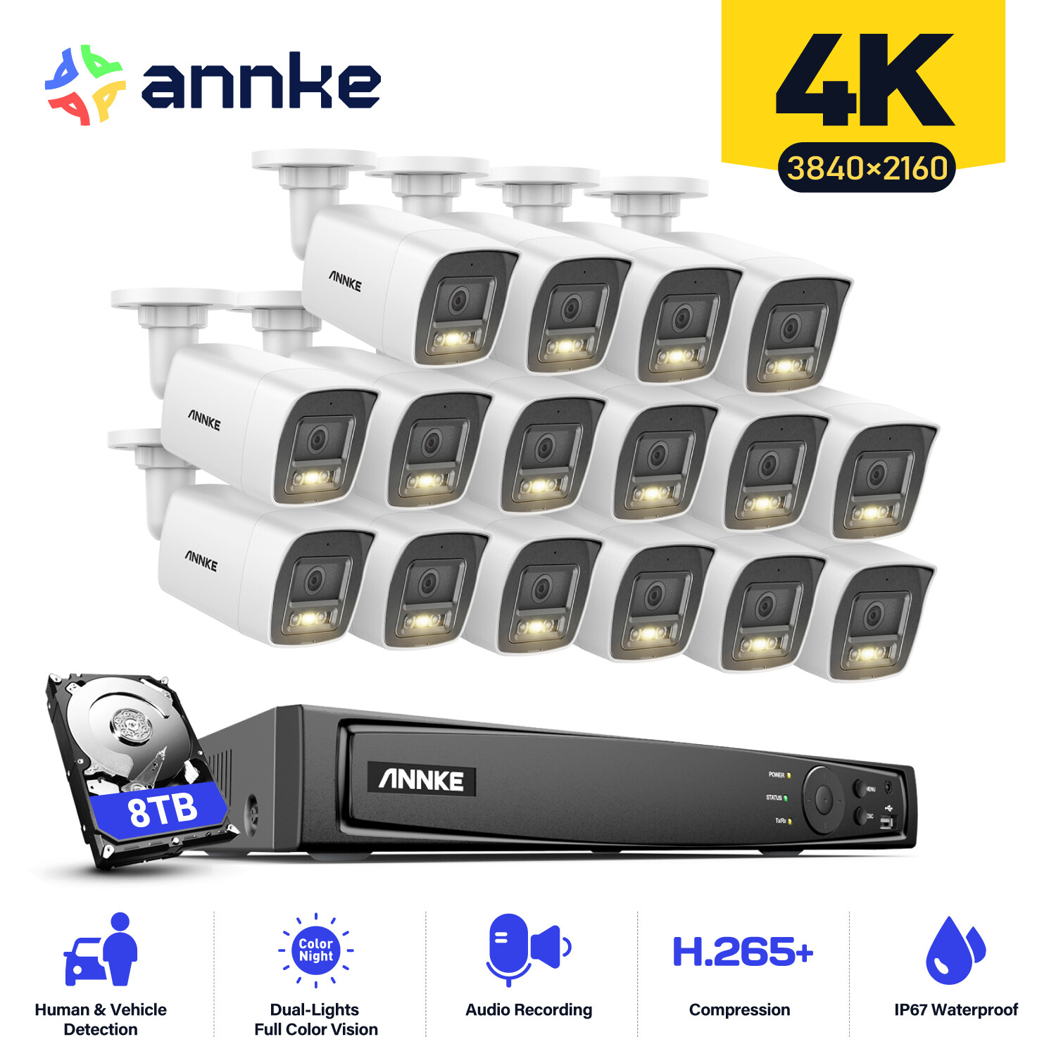 ANNKE 12MP 16CH NVR 4K PoE Security IP Camera System Audio Recording Color Night