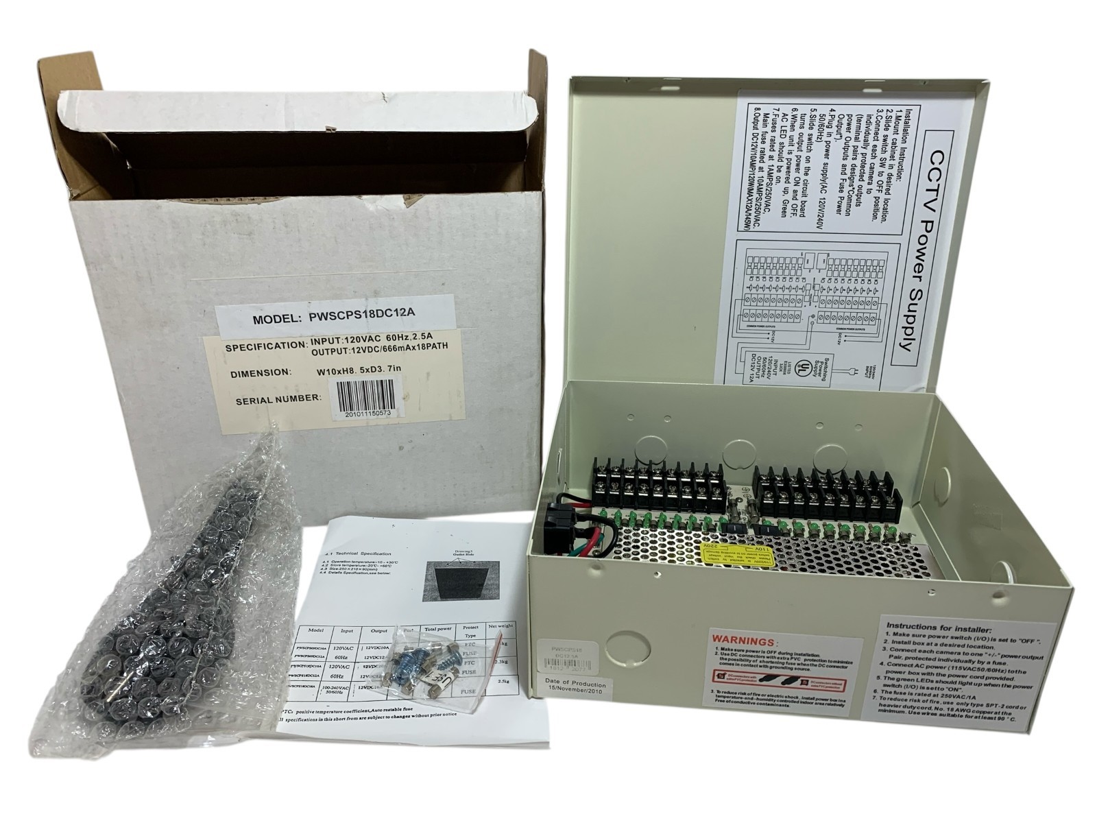 Power Supply Box for CCTV CAMERAS 18 Ports DC12V 12.5Amp PWSCPS18-12.5AMP
