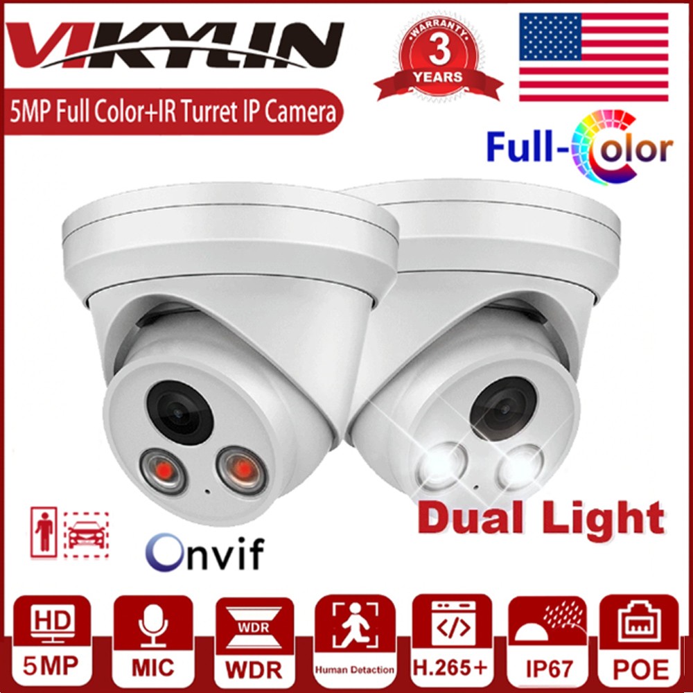 Vikylin 5MP POE IP Camera IR+FULL Color Light IP67 Turret Human Detection w/ MIC