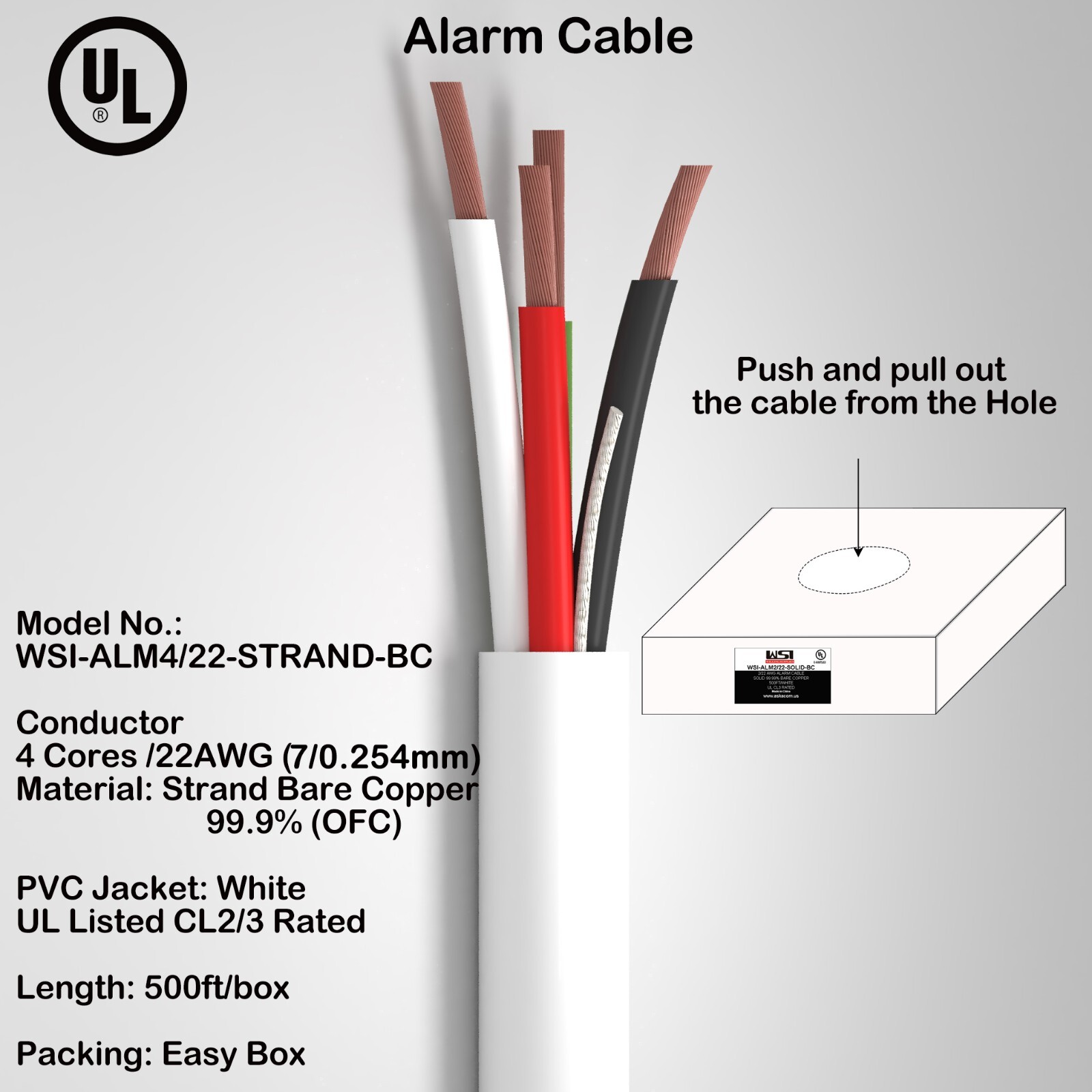 SECURITY WIRE BURGLAR ALARM 22/4 BARE COPPER OFC CABLE 500FT UL CL2/3 CERTIFIED