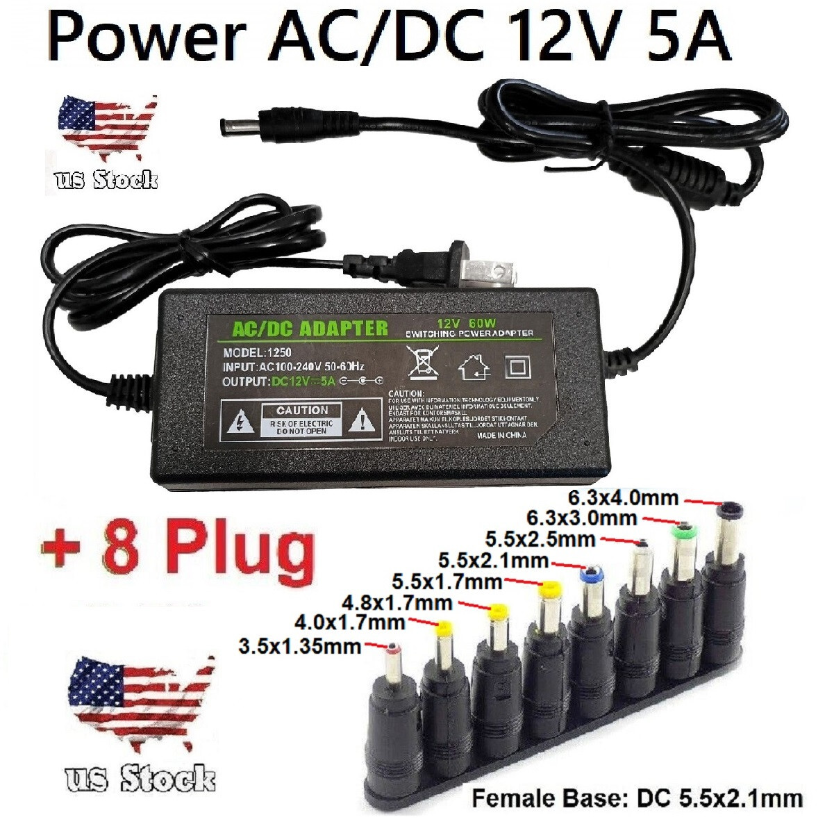 AC 100-240V to DC 12V 5A Power Supply Adapter Charger with 8 Sizes DC Plug Tips