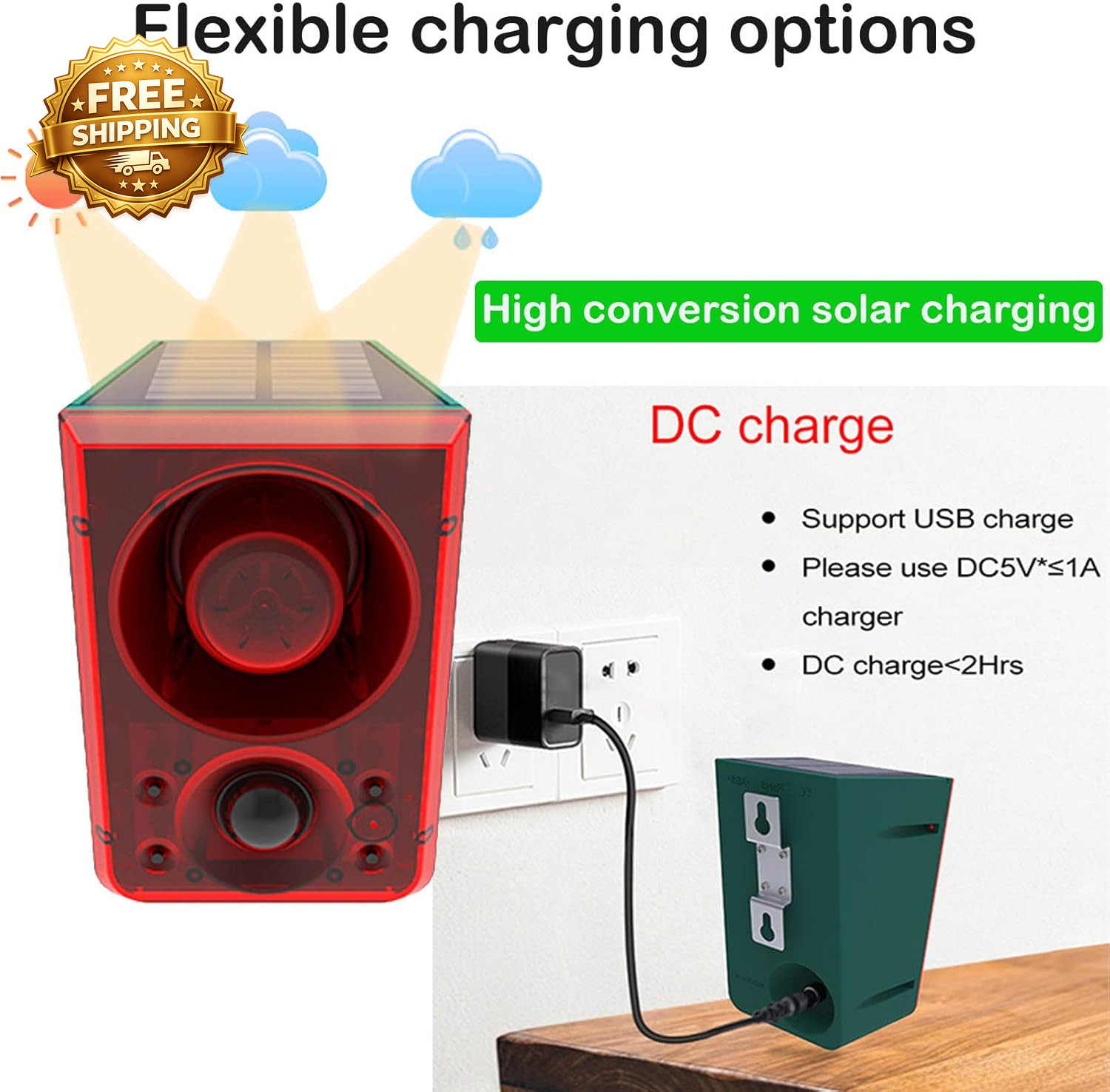 Solar Outdoor Motion Sensor Alarm Dog Barking & Gunshot Sound 130Db Motion Detec