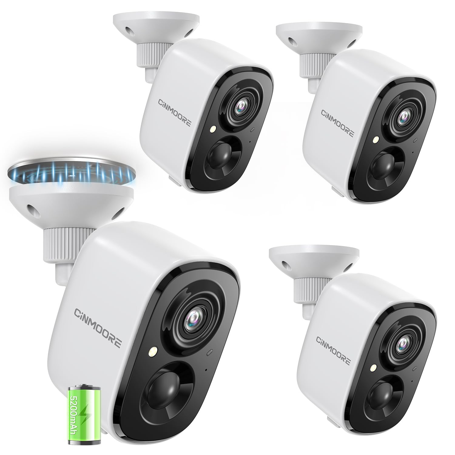 CINMOORE 4 Pack 2.5K Security Camera Wireless Outdoor, 2.4G 4 Cameras, white