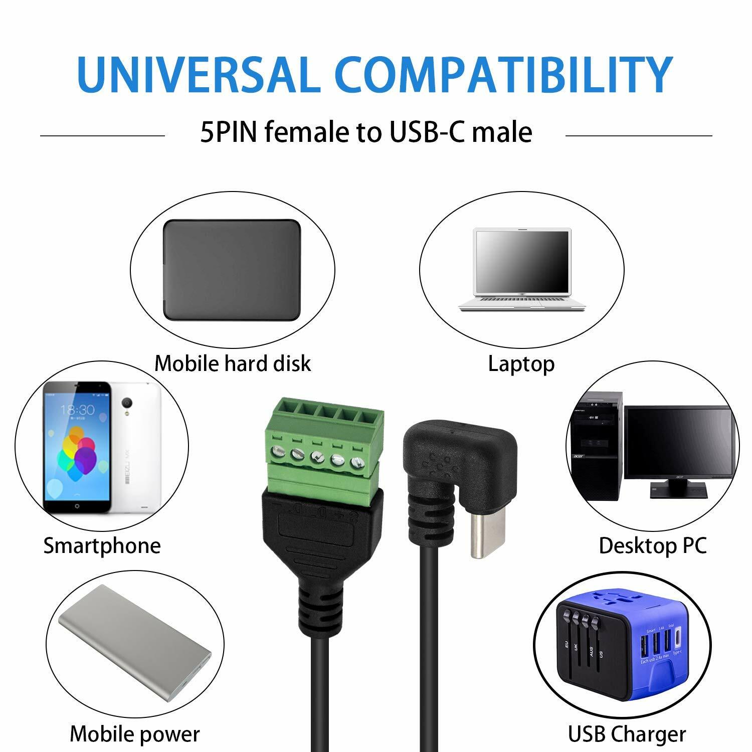 10x USB 3.1 Type-C Male 180°Angle U-Shaped to 5 Pin Screw Shield Terminal Cable