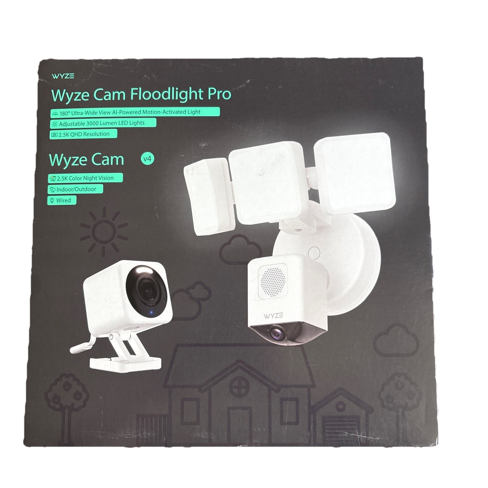 New Wyze Wired 2.5k Floodlight Pro and Indoor/Outdoor Security Camera Bundle
