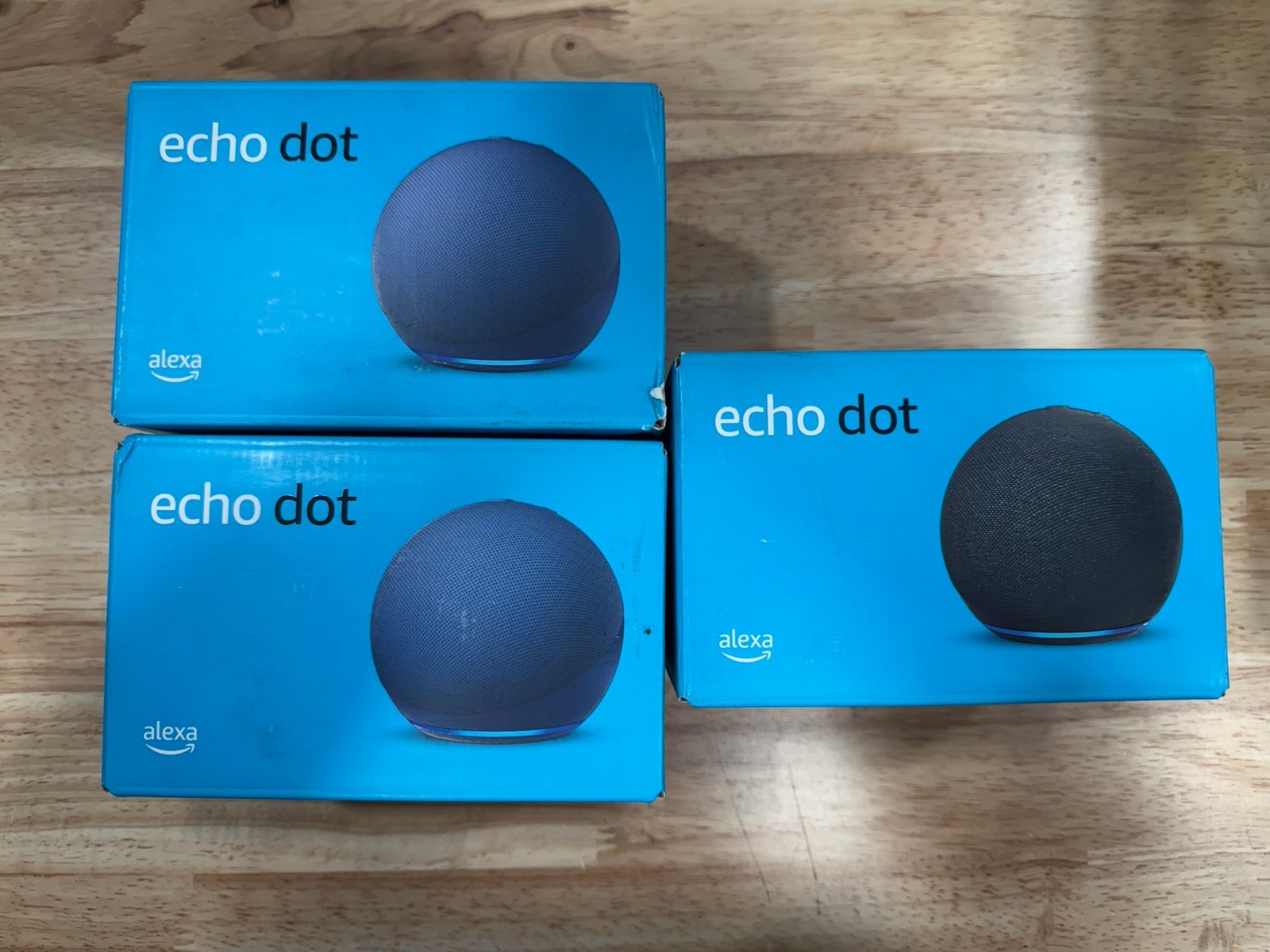 Lot of 3. Amazon Echo Dot 5th Gen. Smart Speaker – 2 Deep Sea Blue And 1 Black.