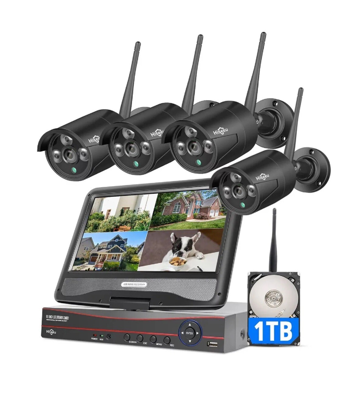 WIRELESS SURVEILANCE Security Camera System with 10.1” Monitor, 1TB NEW