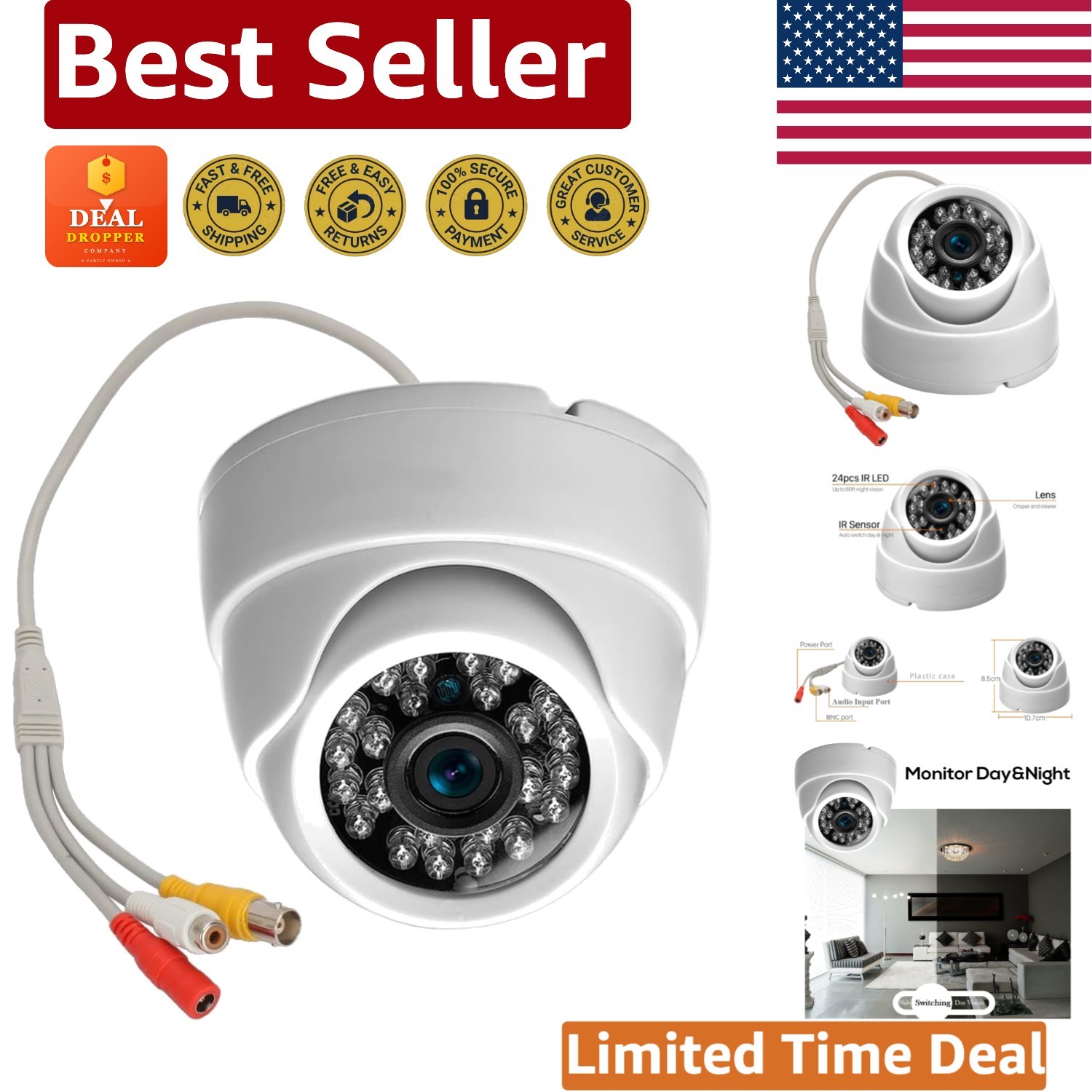 Compact Indoor Dome Security Camera – HD Resolution, Night Vision Up to 50 Feet