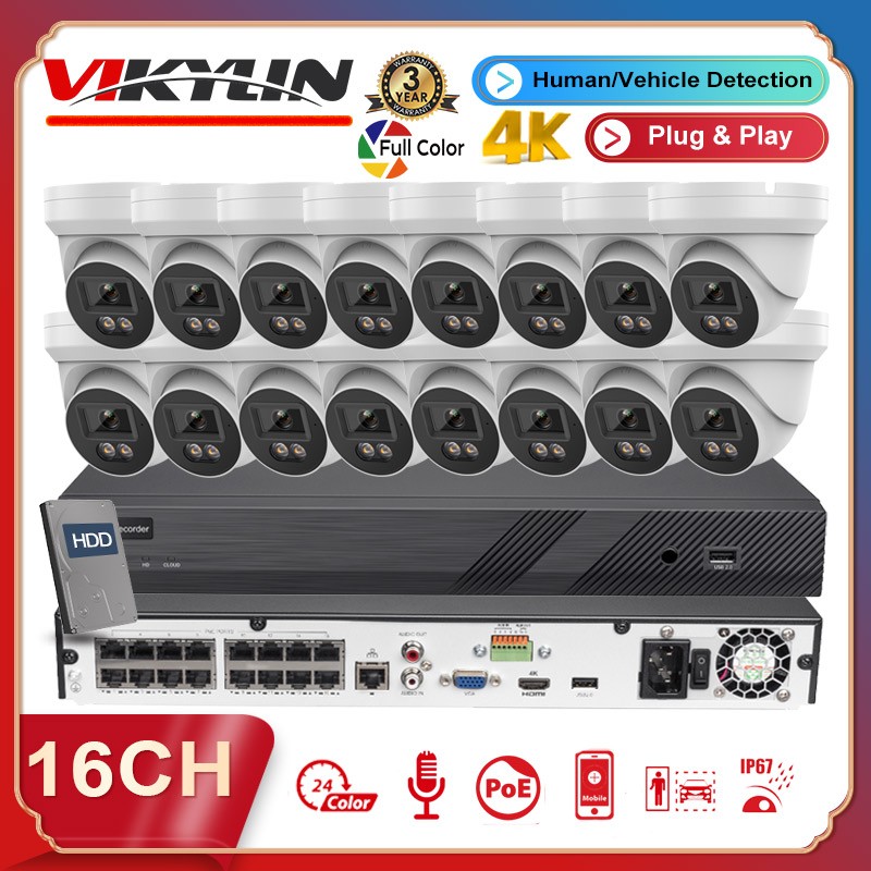 VIKYLIN 4K 16CH 16POE NVR CCTV System 8MP Full Color IP Camera Outdoor Audio Lot