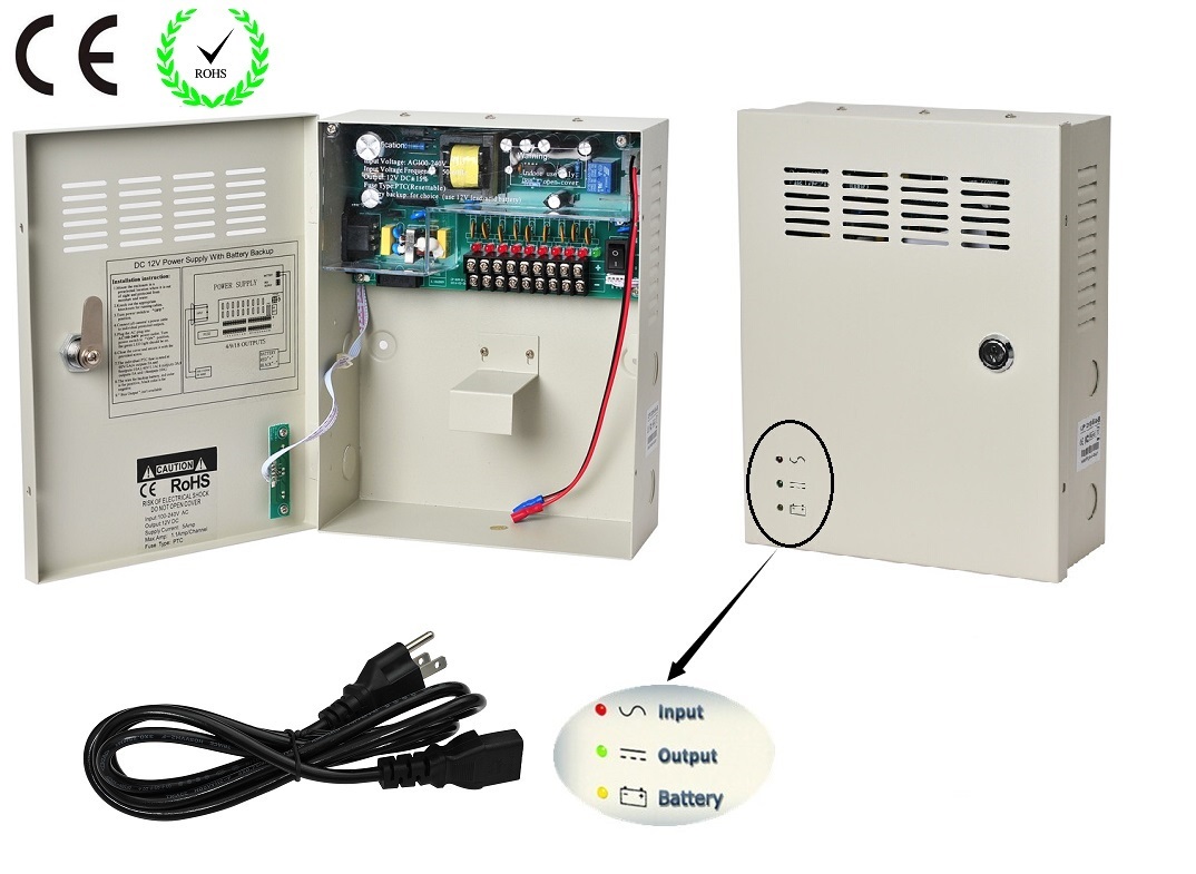 CCTV 9Channel DC12V 5A UPS Box Power Supply Support Battery CE ROHS