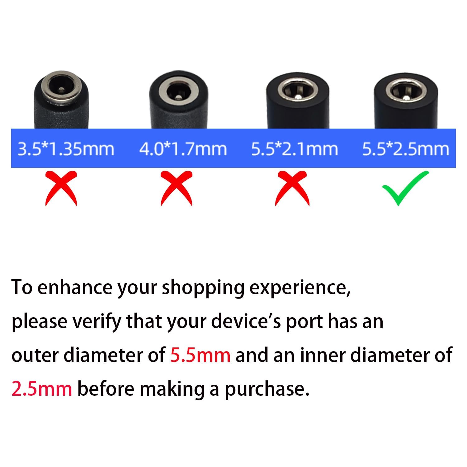 5.5mm x 2.5mm DC Power Terminal Cable 5-Pack, 14AWG 0.8FT with Female Barrel …