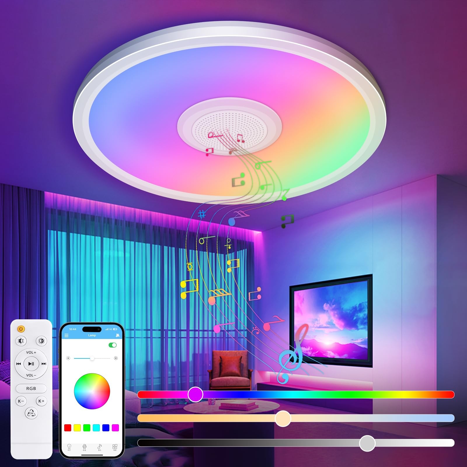 Zemty RGB Ceiling Light with Bluetooth 12in-1 Pack, White-Bluetooth Speaker