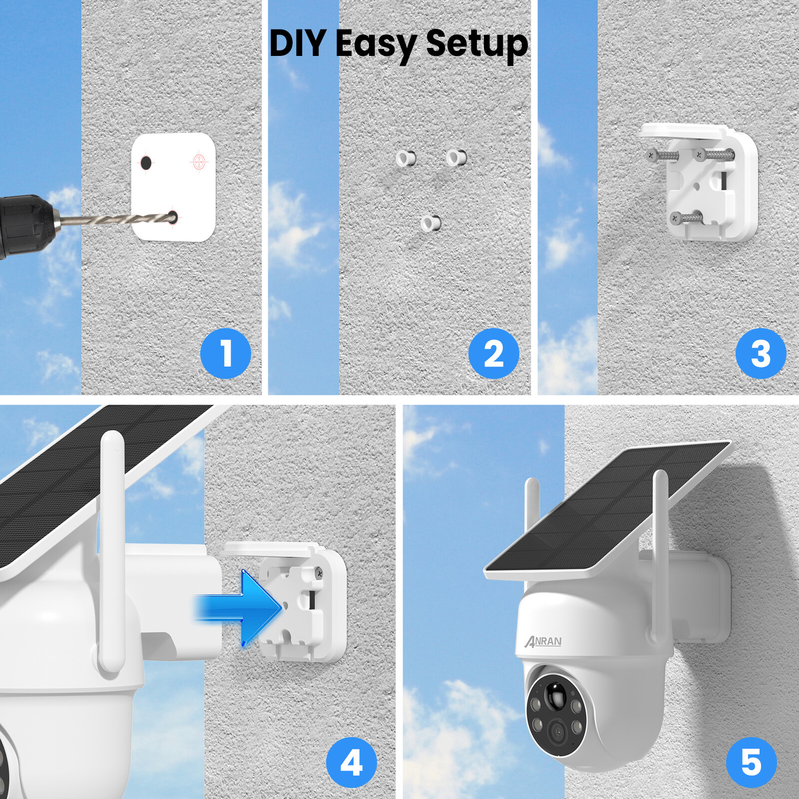 ANRAN 4 Pack Security Camera Wireless Outdoor 5MP 360° PTZ Camera Solar Powered