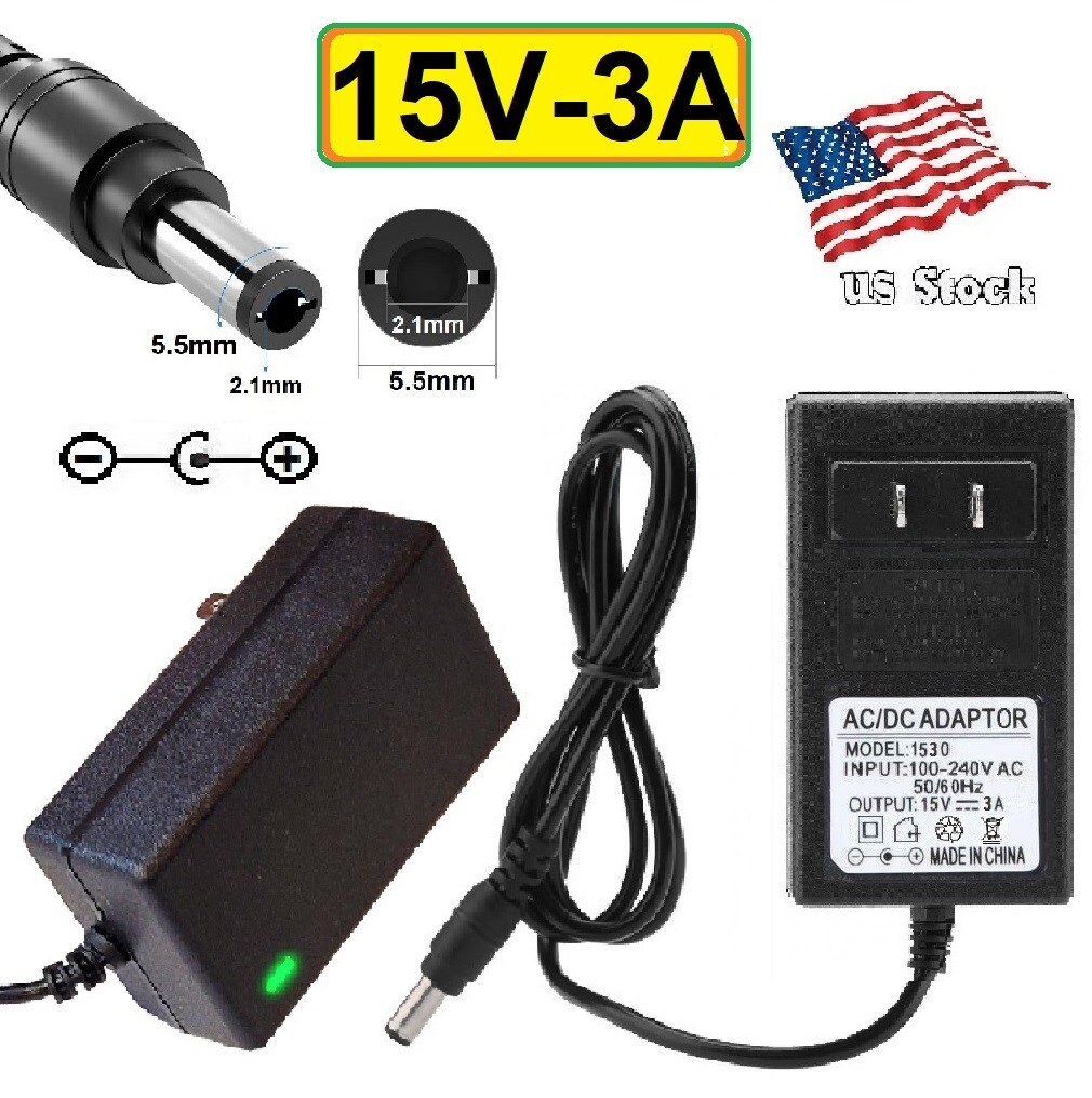 15V 3A AC/DC Adapter (wall wart) Power Supply home electronics 5.5×2.1mm Plug