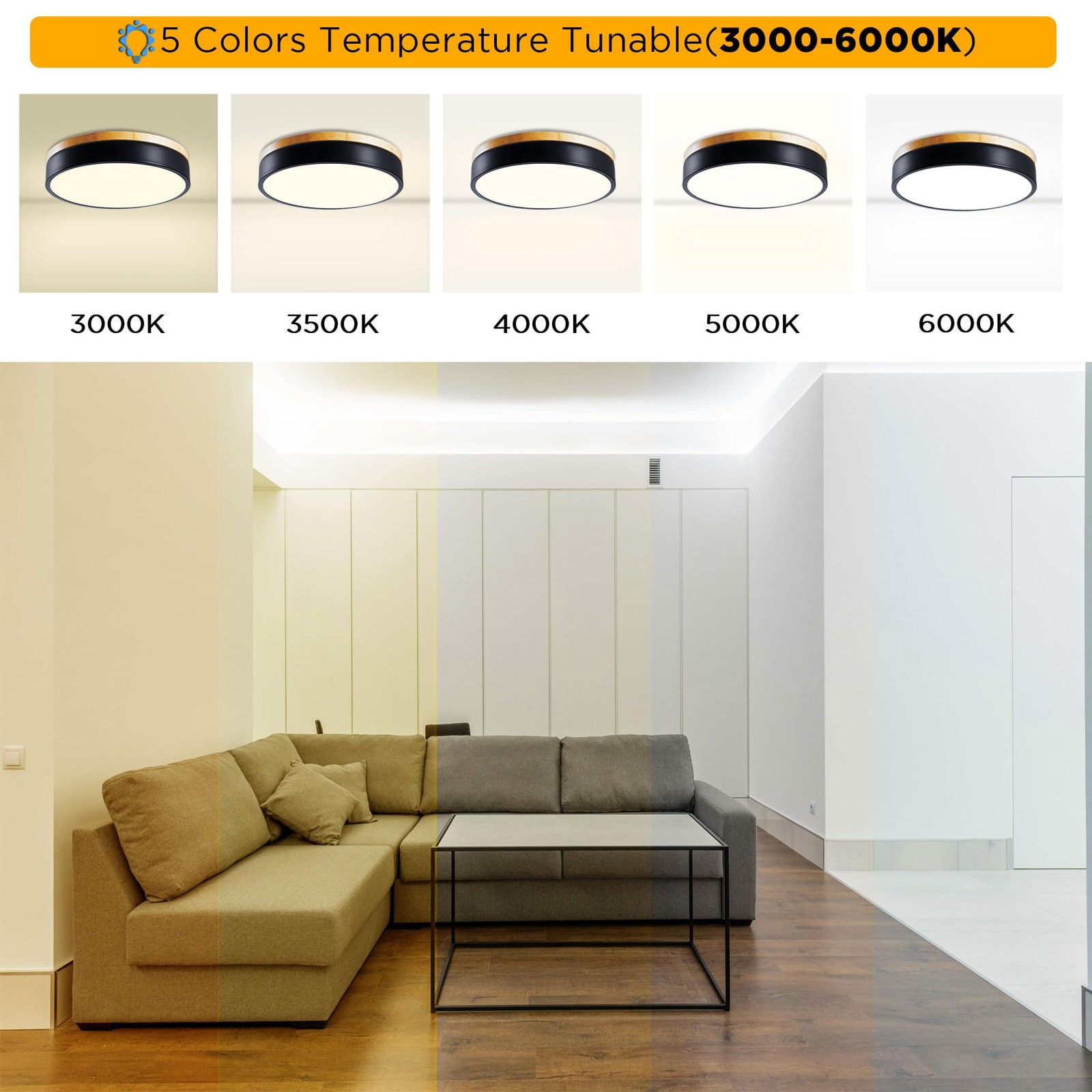 Dimmable LED Wood Flush Mount Ceiling Light Type B 5CCT, Black