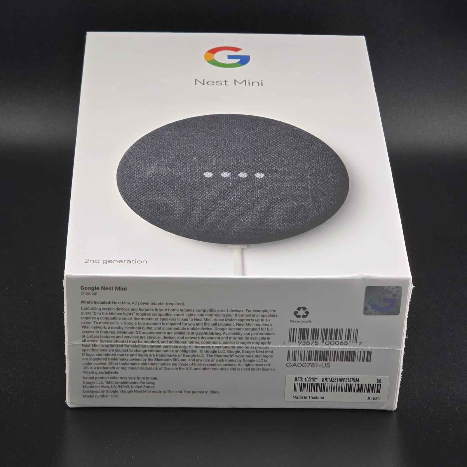 Google Nest Mini 2nd Generation Smart Speaker Charcoal GA00781-US