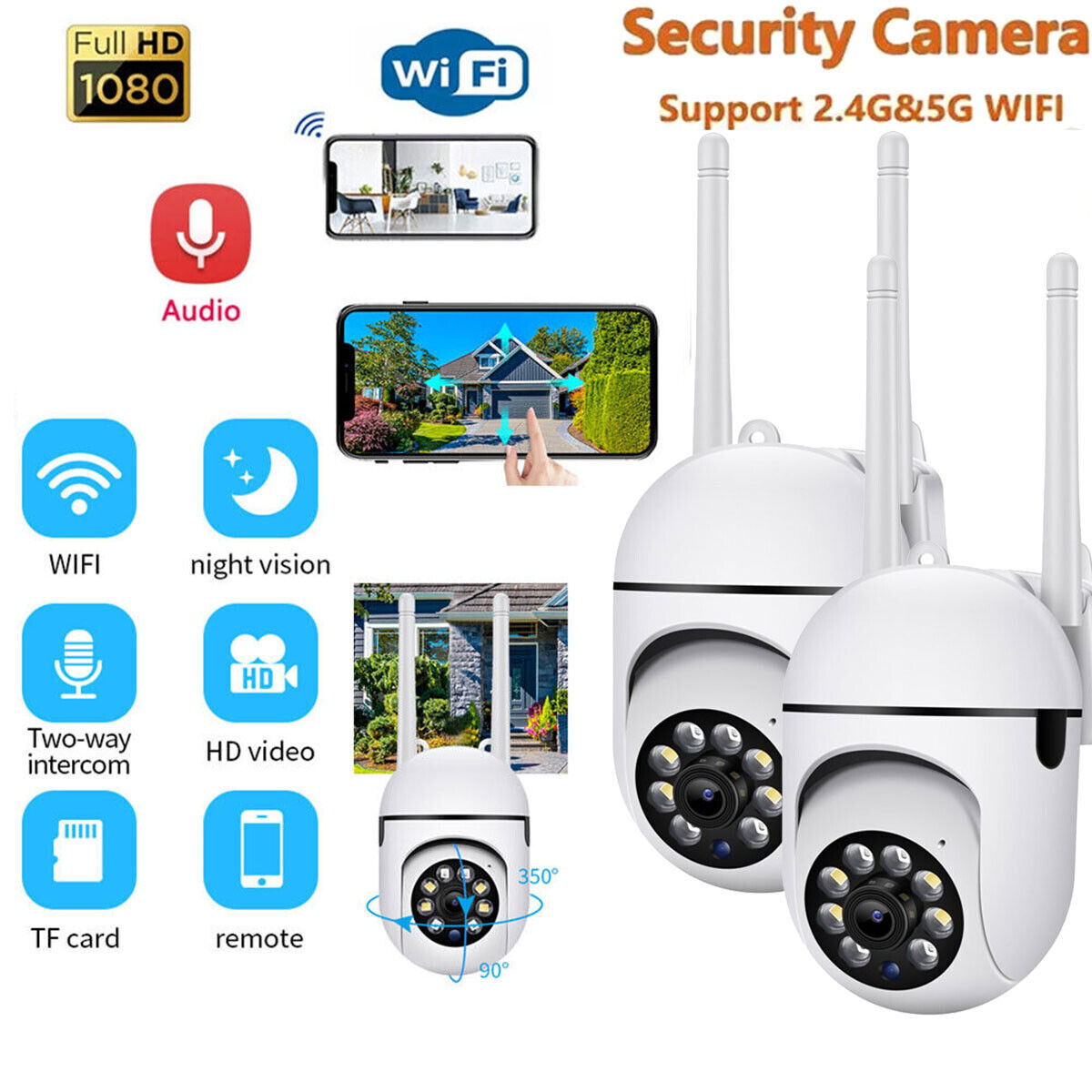 2xWireless 5G WiFi Security Camera System Outdoor Home Night Vision 1080P HD Cam