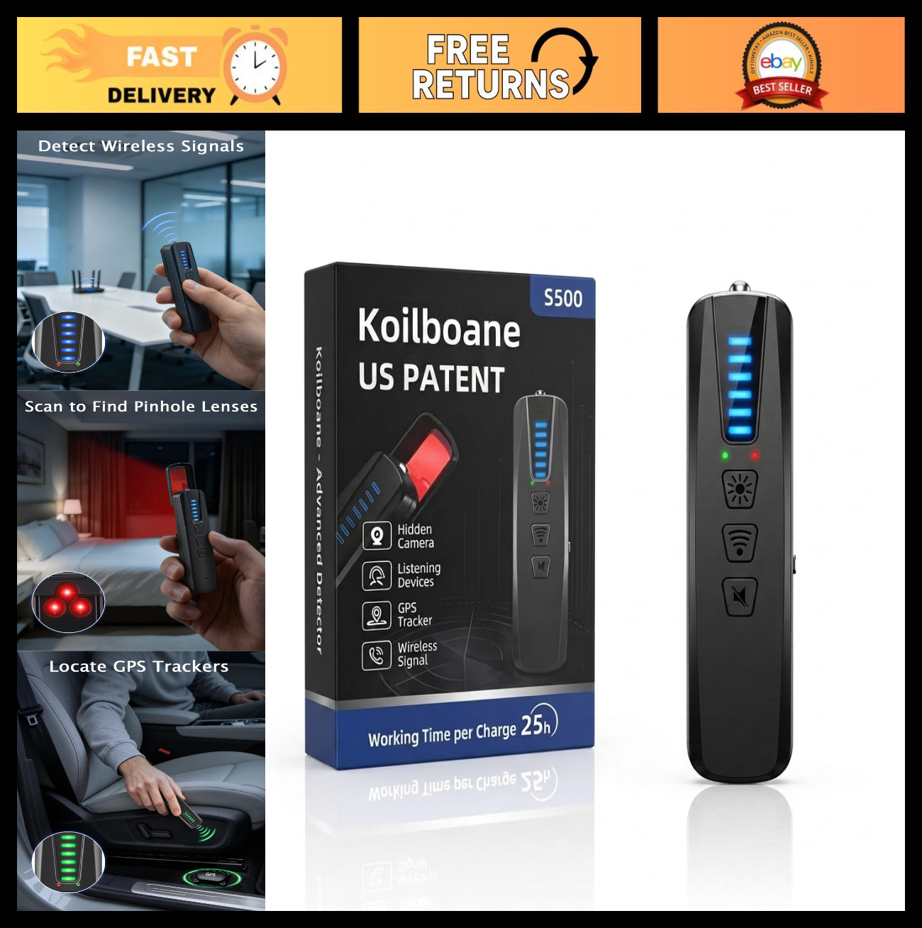 6-in-1 Hidden Camera Detector & RF Signal Scanner, Anti-Spy Finder for Travel, O