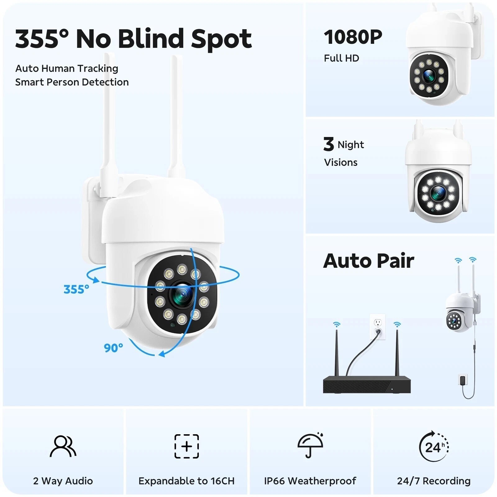 CAMCAMP 16CH 4K NVR 8PC PTZ WiFi Cameras Wireless Security Camera System Audio