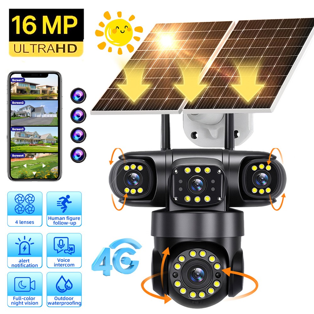 16MP 4G SIM Solar Security IP Camera Outdoor 4 Lens PTZ CCTV Motion Detection