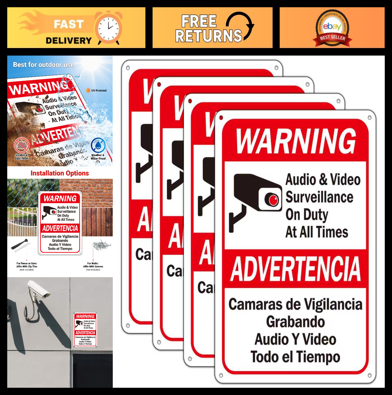4 Pack Video Surveillance Signs 10×7 inches Bilingual English Spanish Waterproof